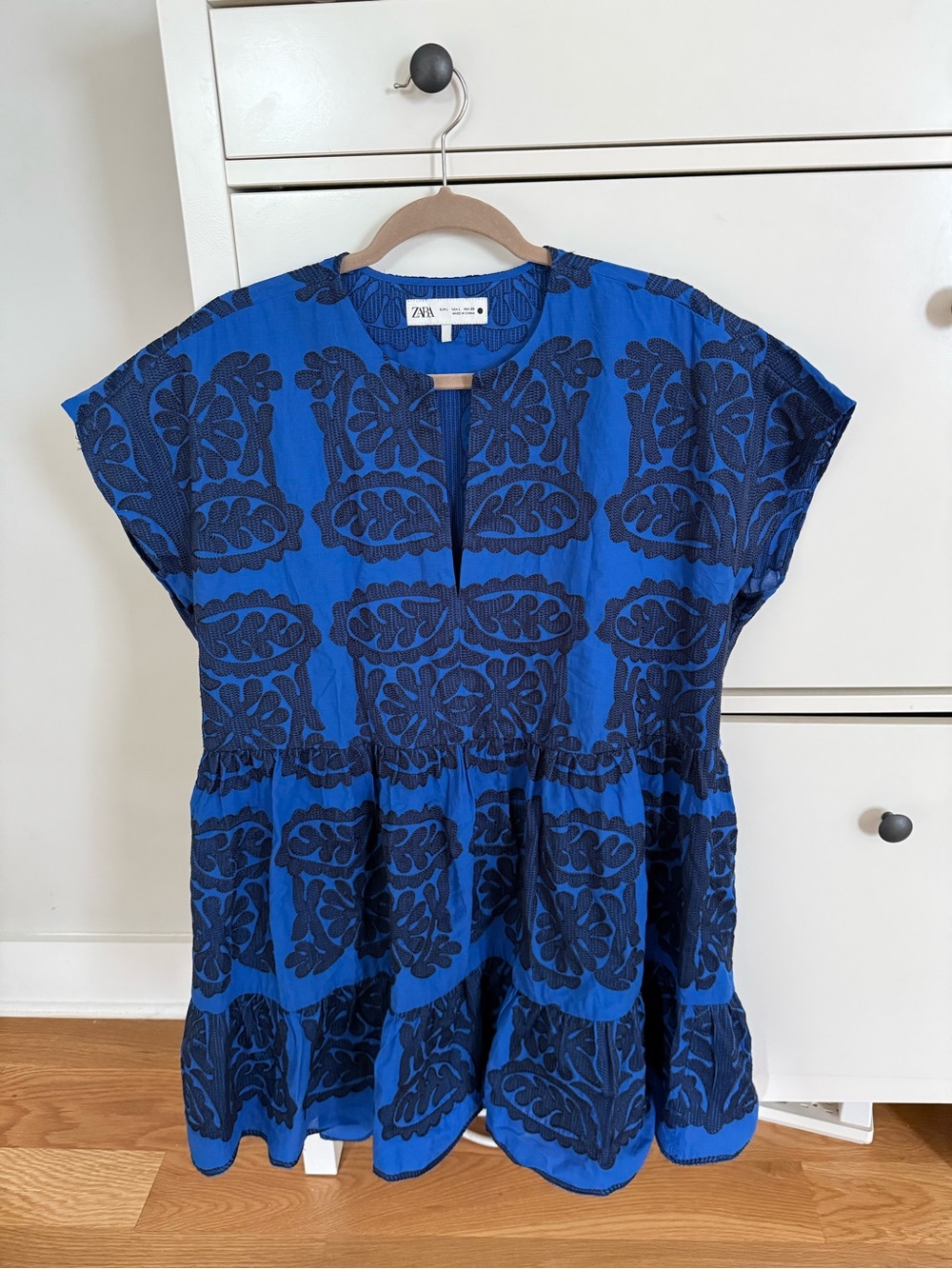 Zara Blue and Navy Embroidered Short Sleeve Dress